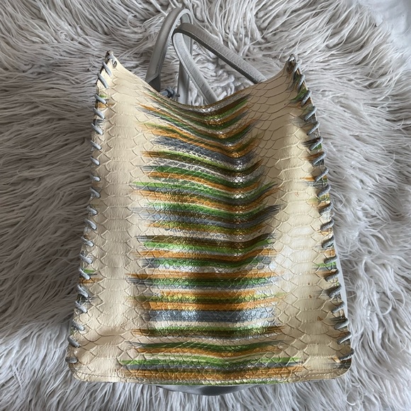 Let & Her Gray Leather Multicolor Snake Skin Side Whipstitch Large Tote Bag EUC - Picture 3 of 8